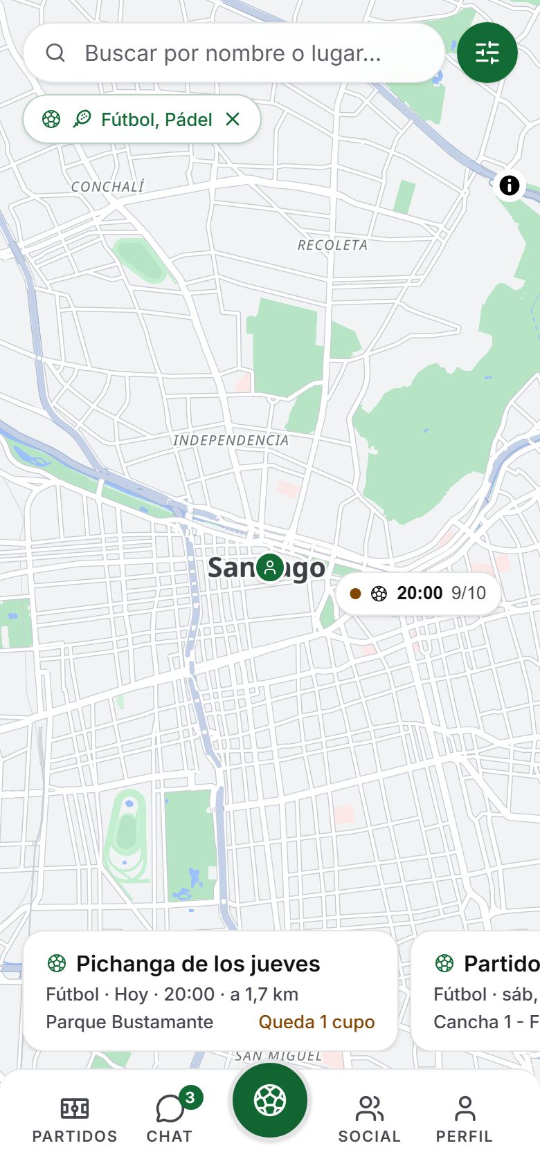 Mapa de CanchaUp con los partidos que se juegan cerca
