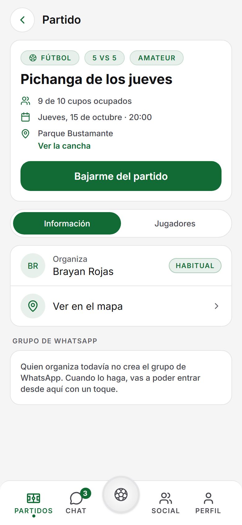 Detalle de un partido con lugar, hora y jugadores